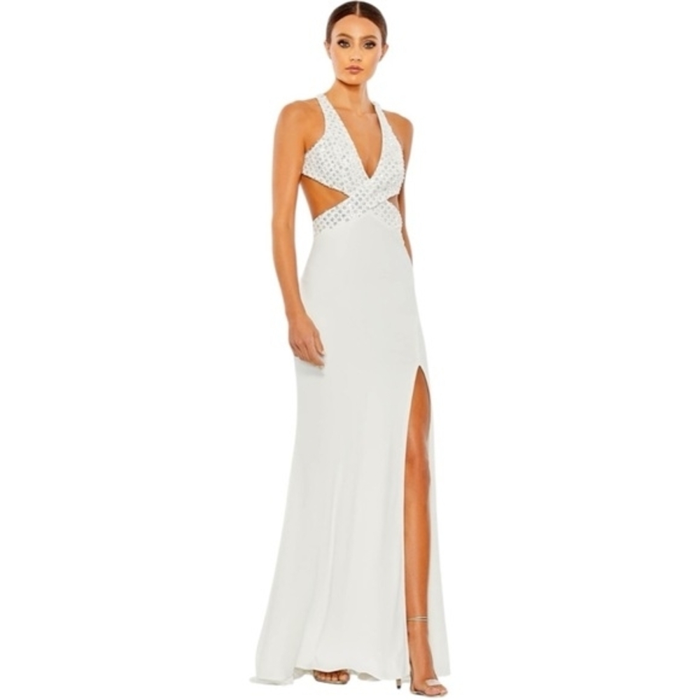Mac Duggal Cut Out Criss Cross White Beaded Dress Size 12. Style Code 68166. Nwt - Picture 3 of 10